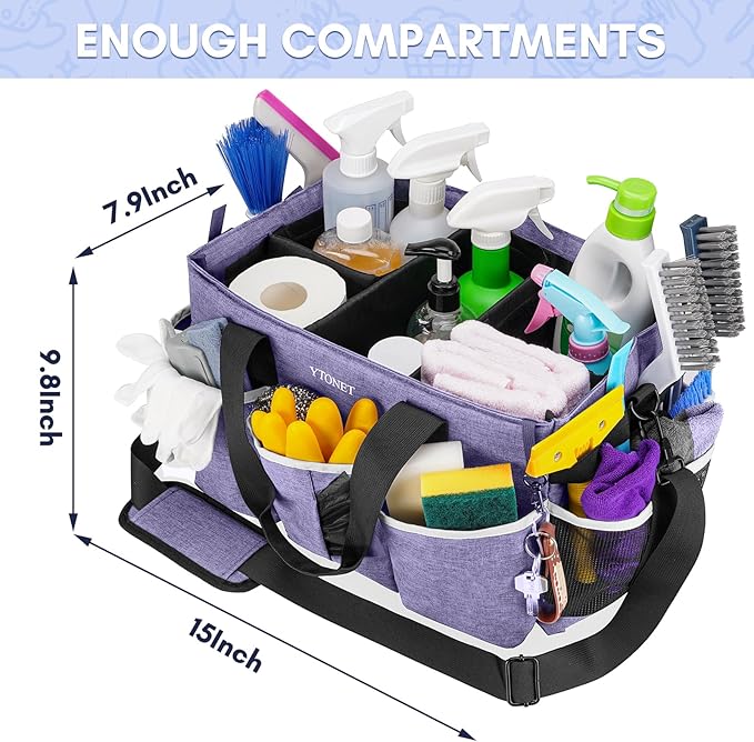 Ytonet Cleaning Caddy, Wearable Cleaning Supplies Organizer with 4 Foldable Dividers, Large Cleaning Caddy for Cleaning Supplies with Handle and Shoulder Straps, Cleaning Bags for Housekeepers, Purple