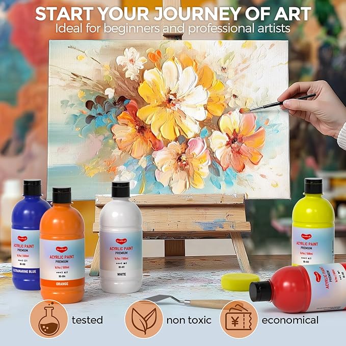 12 Colors Large Acrylic Paint Set (16.9 oz,500 ml), Bulk Acrylic Paint Non-Toxic Art Painting Supplies on Multi Surface Pumpkin Canvas Wood Craft Fabric Rock for Artist Kids with Color Wheel