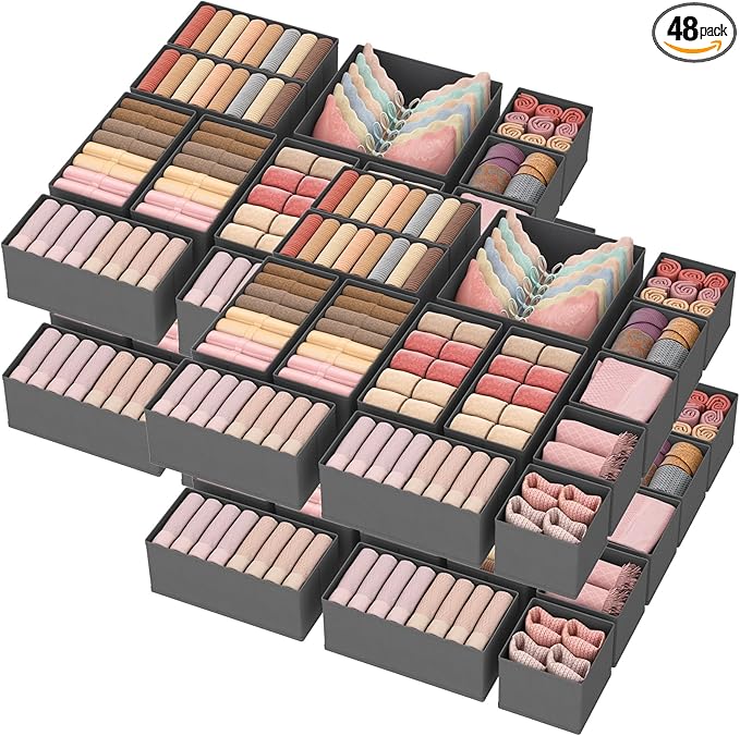 Lifewit Drawer Organizer Clothes for Closet 48 Pack, 3 Sizes Underwear Wardrobe Drawer Dividers, Fabric Foldable Dresser Storage Organizer Bins for Sock/Bra/Lingerie/Undies, Gray