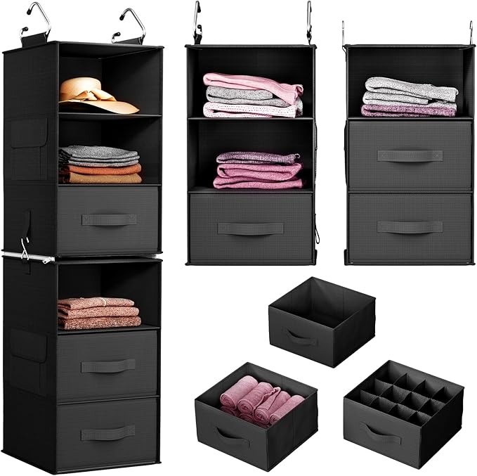 Pipishell 6-Shelf Hanging Closet Organizer, Hanging Shelves with 2 Separable 3-Tier Shelves, Closet Shelves Organizer with 3 Removable Drawers for Wardrobe, Nursery, Baby Clothes Organizer, Black