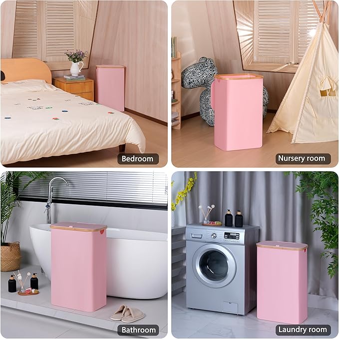 100L Laundry Hamper with Lid, Lagre Basket with Bamboo Handles,Foldable Clothes Hamper Tall Dirty Laundry Basket for Clothes Toys Towels Organizing,Pink