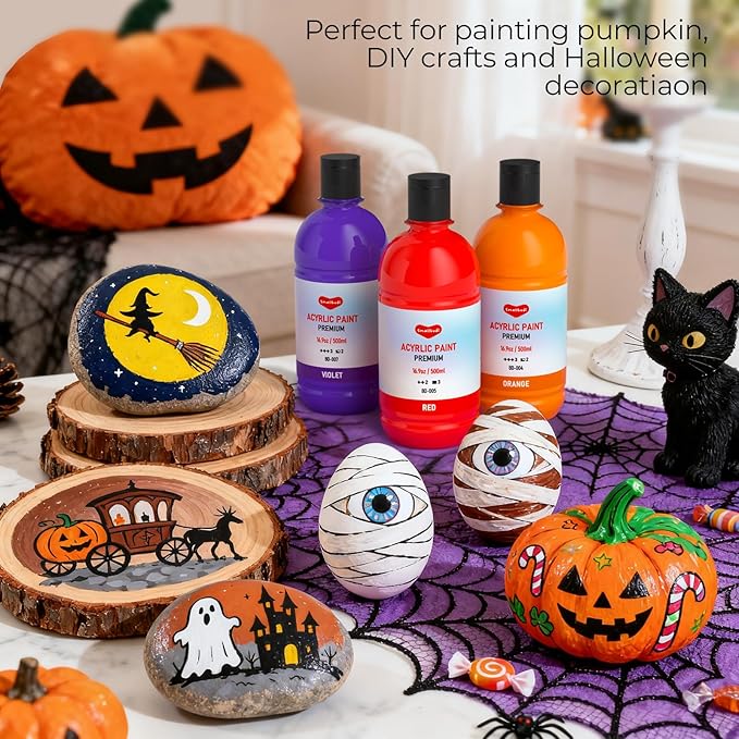 12 Colors Large Acrylic Paint Set (16.9 oz,500 ml), Bulk Acrylic Paint Non-Toxic Art Painting Supplies on Multi Surface Pumpkin Canvas Wood Craft Fabric Rock for Artist Kids with Color Wheel
