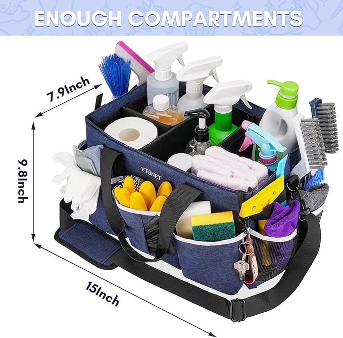 Ytonet Wearable Cleaning Caddy Bag, Large Cleaning Supplies Organizer with 4 Foldable Dividers, Kitchen Caddy Organizer with Handle & Adjustable Shoulder Straps for Cleaners & Housekeeper, Blue