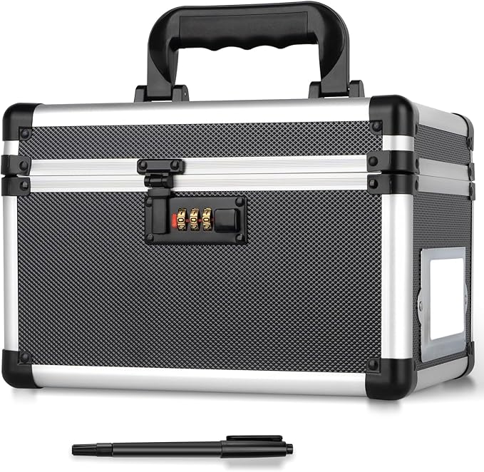 10.2 x 7 x 7.5 Inch Lockable Storage Box with Combination Lock, Portable Safe for Documents, Medicine, Cash & Valuables, Medicine Lock Box with Label Slot for Home, Office & Travel - Black