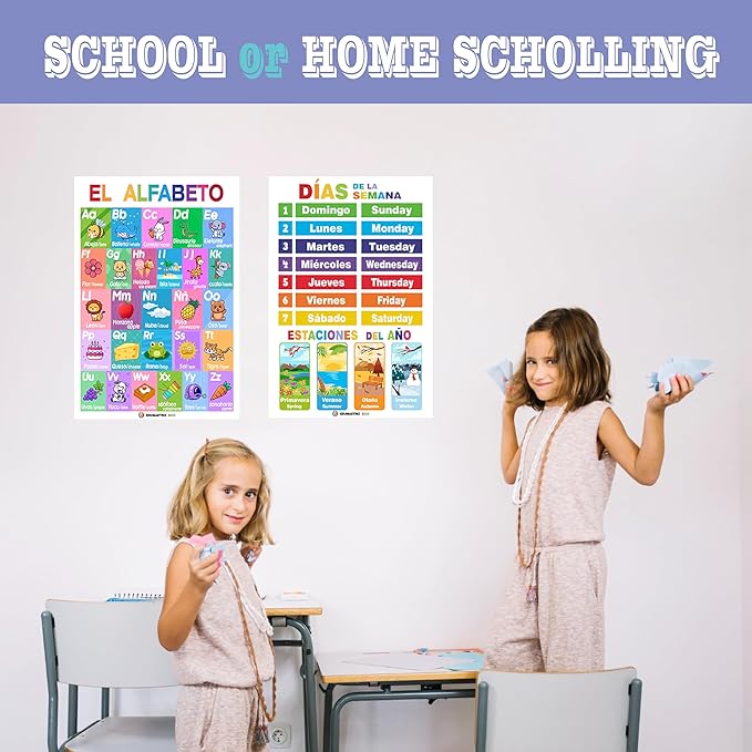12 Spanish English Bilingual Educational Posters Water Proof Learning Chart for Preschool, Kindergarten, 1st Grade, Classroom Decoration, Alpabet, Alfabeto, Numbers, Seasons, Colors, Month of the