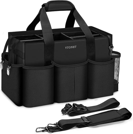 Ytonet Wearable Cleaning Caddy Bag, Large Cleaning Supplies Organizer with 4 Foldable Dividers, Caddy Organizer with Handle & Shoulder Strap & Waist Strap for Cleaners & Housekeepers, Black Grey