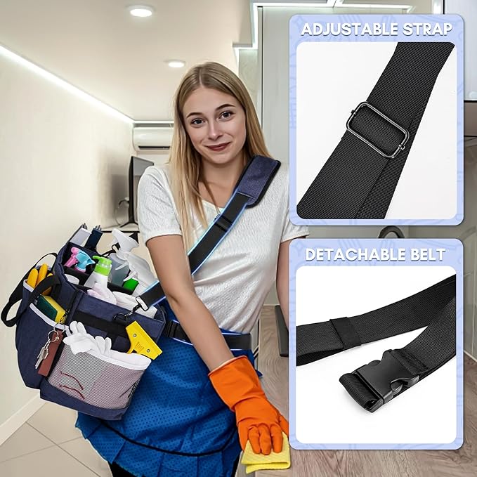 Ytonet Extra Large Cleaning Caddy Bag with 4 Foldable Dividers, Wearable Cleaning Caddy Organizer with Handle & Shoulder Strap & Waist Strap, Housekeeping Tote for Cleaners, Blue