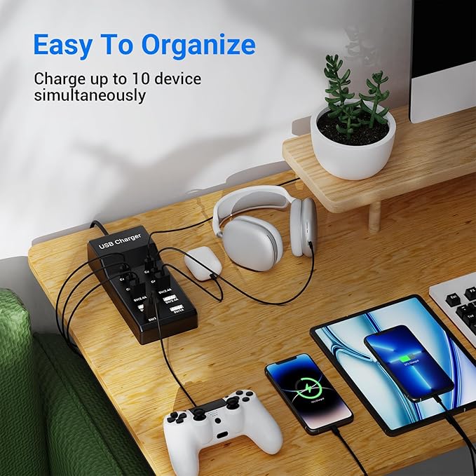 10-Port USB C Charger Block (6 USB-A Port & 4 USB-C Port), 50W10A Multiport Charger Hub for iPhone, Galaxy, iPad & More