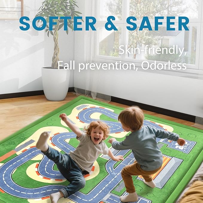 1.3" Thick Educational Baby Floor Play Mat 39x59, Basic Padded Memory Foam Kids Mat, Non-Slip Plush Playmat for Nursery Playroom Classroom (Race Track)