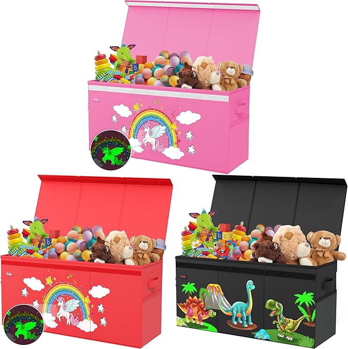 XL Unicorn Toy Box - Foldable & Collapsible Cardboard Toy Chest Storage, Glow in the Dark Stickers - Extra Large Organizer with Lid, Kids Storage with Removable Dividers & Mesh Pocket - Red