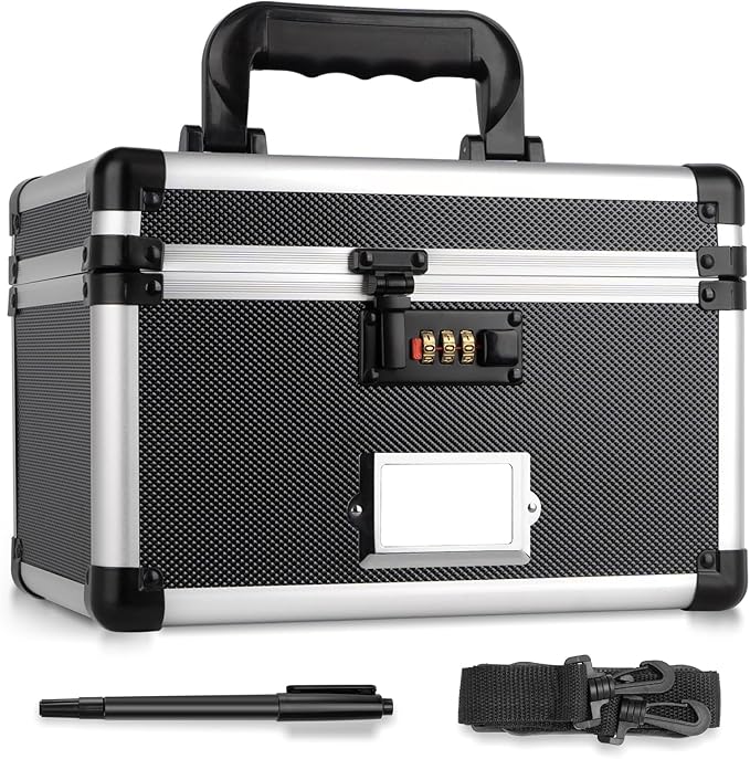 11 x 7 x 8.3 Inch Lockable Storage Box with Combination Lock, Portable Safe for Documents, Medicine, Cash & Valuables, Medicine Lock Box with Label Slot for Home, Office & Travel - Black