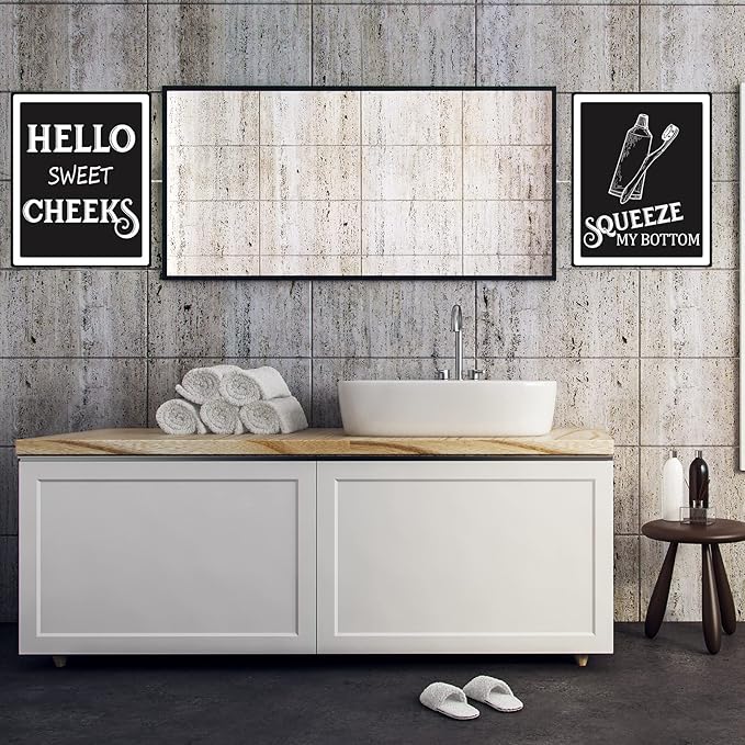 Zonon 9 Pieces Bathroom Wall Decor, Funny Vintage Bathroom Signs Washroom Quotes Sayings Art Prints Washroom Posters for Wall Restroom Toilet Decoration Pictures, Unframed(White Font)
