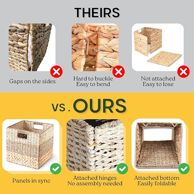12x12 Storage Cube Bins Wicker Storage Basket for Cube Shelf, Natural Foldable Square Baskets for Storage, Large Woven Cube Storage Bin with Handle, Baskets for Pantry, Bedroom Set of 4
