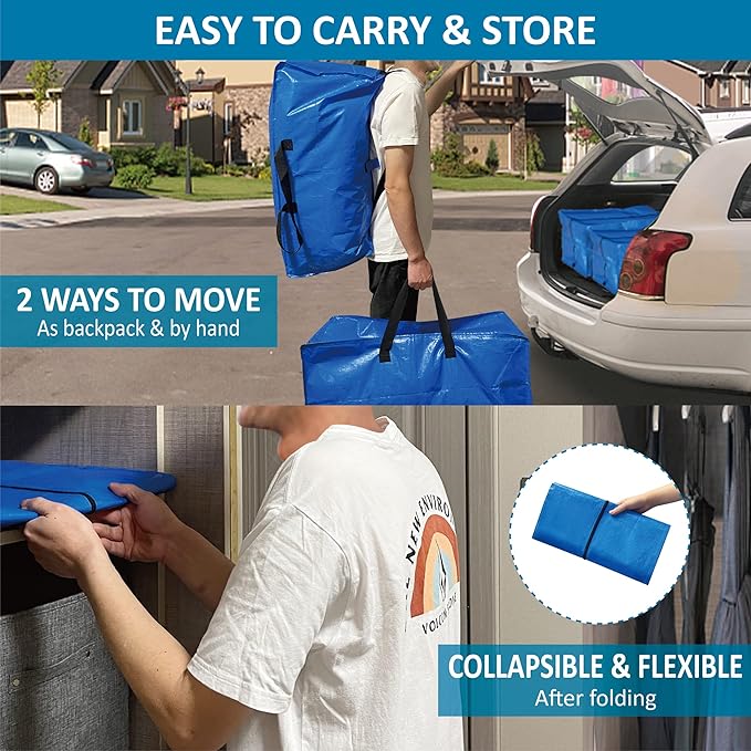 12 Pack Heavy Duty Extra Large Moving Bags with Backpack Straps & Large Vacuum Storage Bags Moving Supply Combo, Moving Totes with Handles & Zippers for Space Saving, Fold Flat, Includes Vacuum Bags