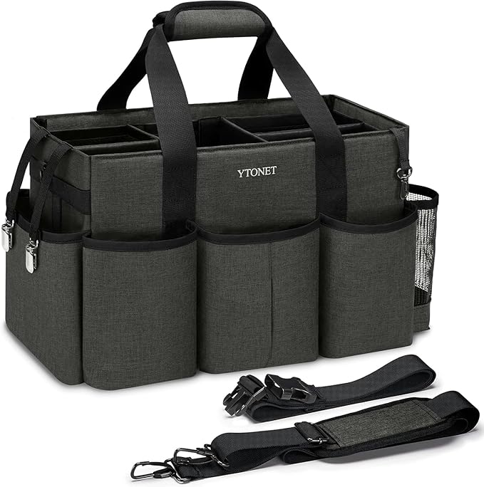 Ytonet Extra Large Cleaning Caddy Bag with 4 Foldable Dividers, Wearable Cleaning Caddy Organizer with Handle & Shoulder Strap & Waist Strap, Housekeeping Tote for Cleaners, Black Grey