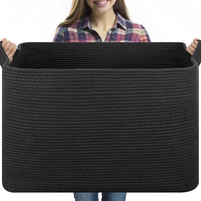 118L Extra Large Blanket Basket, 24.8" x 17.7" x 17.2" Woven Storage Basket for Living Room, Rectangle Nursery Blanket Storage for Toys, Towels, Dirty Clothes (Black)