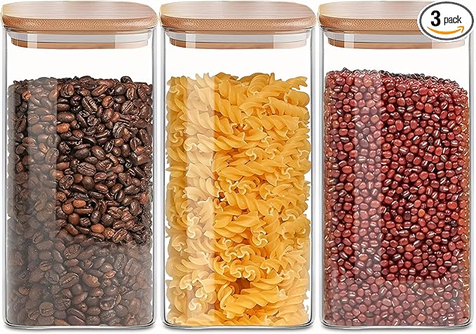 1.6 Qt Square Glass Storage Containers with Lids, Clear Food Storage Container Jar with Sealing Bamboo Lid for Noodles Flour Cereal Rice Sugar Tea Coffee Beans,Square Set of 3