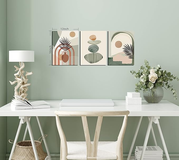 ZHAOSHOP Boho Art Wall-Decor - Green Canvas Wall Art For Bedroom - 3 Piece Wall Art Decor Stretched and Framed Ready To Hang Size 16" x 12"
