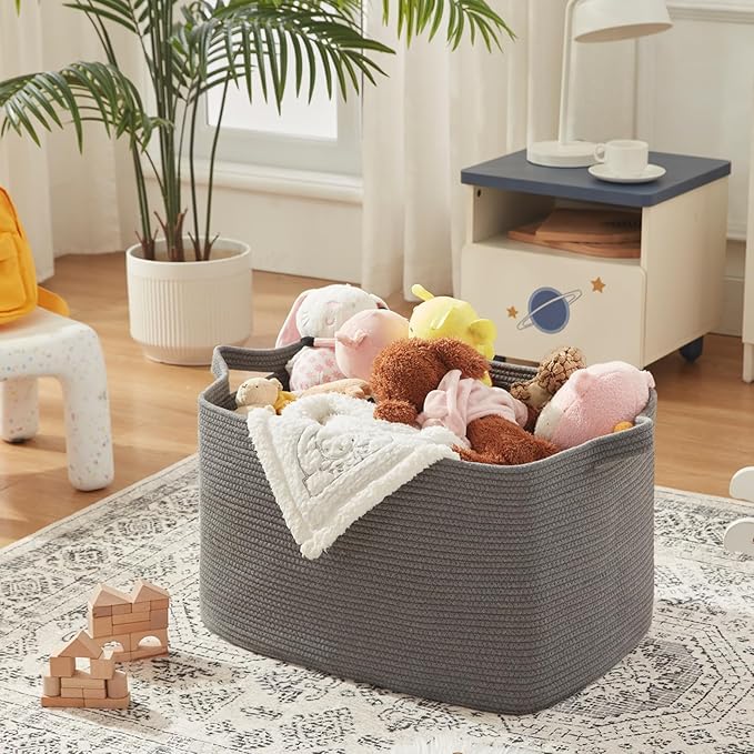 118L Extra Large Blanket Basket, 24.8" x 17.7" x 17.2" Woven Storage Basket for Living Room, Rectangle Nursery Blanket Storage for Toys, Towels, Dirty Clothes (Grey)