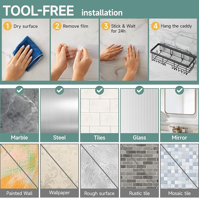 Veken Rustproof & Waterproof Shower Caddy 5-Pack, No Drilling Adhesive Wall Mounted Shower Shelves Rack, Heavy Weight Bearing, Large Organizer Storage Accessories, Ideal for Bathroom, Home & Kitchen