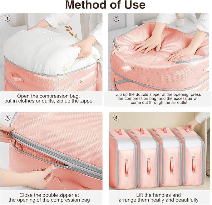 1 Pack Compression Storage Bags - 110L Large Capacity Comforter Storage Bag, 3-Layer Washable Ultra Space Saving Self Compression Organizer Space Bags for Blankets, Sweaters, Sheets, Pink