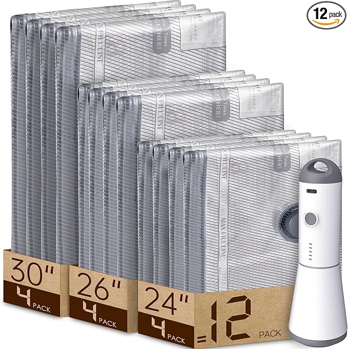 12 Pack Vacuum Bags for Travel with Rechargeable air Pump, Carry-on Size Vacuum Seal Bags for Luggage and Suitcase Compression, Space Saver for Clothes and Clothing Travel