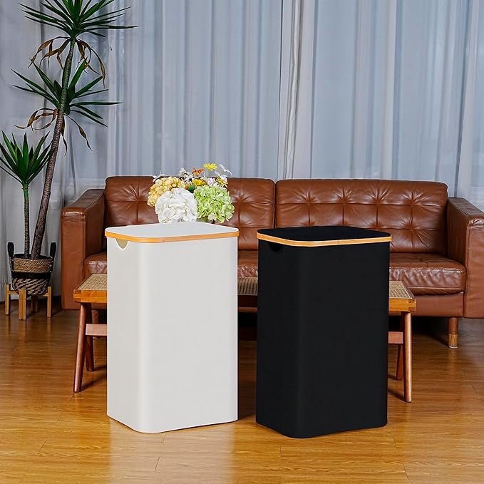 100L Laundry Hamper with Lid, Lagre Basket with Bamboo Handles,Foldable Clothes Hamper Tall Dirty Laundry Basket for Clothes Toys Towels Organizing,Black