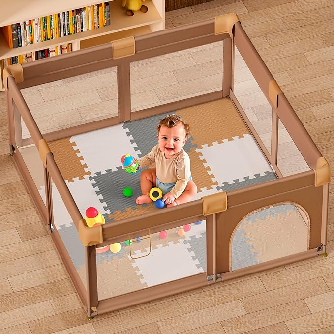 16 Tiles Baby Play Mat for Floor, EVA Foam Baby Floor Play Mat with 0.6 Inch Thick Interlocking Foam Tiles, Foam Floor Tiles for Baby, Toddlers and Kids (White-Brown-Grey, 16PCS)