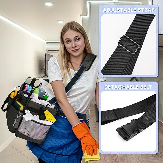 Ytonet Extra Large Cleaning Caddy Bag with 4 Foldable Dividers, Wearable Cleaning Caddy Organizer with Handle & Shoulder Strap & Waist Strap, Housekeeping Tote for Cleaners, Black Grey