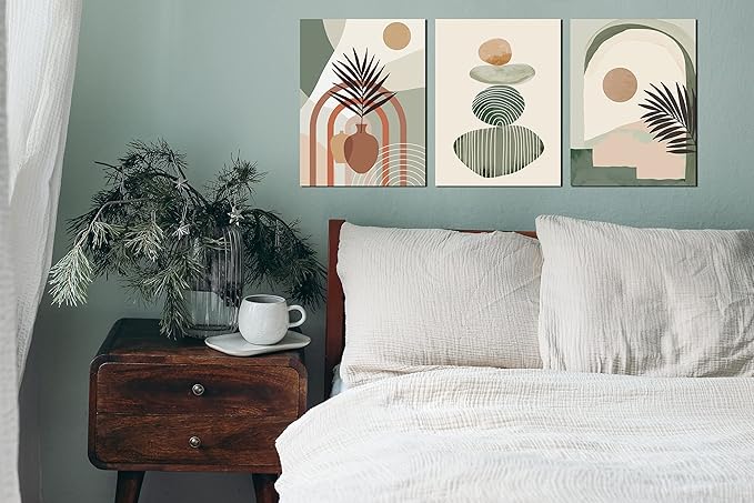 ZHAOSHOP Boho Art Wall-Decor - Green Canvas Wall Art For Bedroom - 3 Piece Wall Art Decor Stretched and Framed Ready To Hang Size 16" x 12"