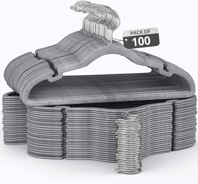 100 Pack Velvet Hanger for Shirt Pants Dresses Skirts Suits Jackets - Slim Space Saving Design - Standard Coat Hanger - Sturdy & Durable Design with Shoulder Grooves Hook - Grey