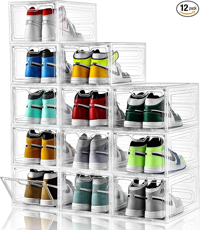 12 Pack Large Shoe Storage Box, Clear Shoe Storage Organizer with Magnetic Door, Stackable,Shoe Containers For Display Sneakers, Easy Assembly, Fit up to US Size 12, Clear