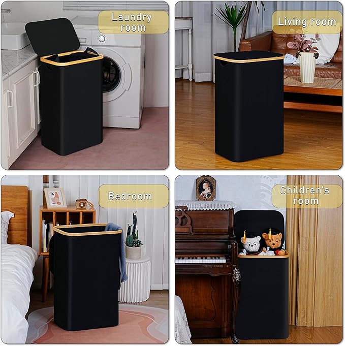 100L Laundry Hamper with Lid, Lagre Basket with Bamboo Handles,Foldable Clothes Hamper Tall Dirty Laundry Basket for Clothes Toys Towels Organizing,Black