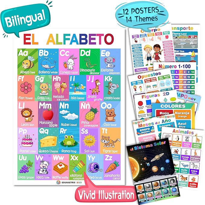 12 Spanish English Bilingual Educational Posters Water Proof Learning Chart for Preschool, Kindergarten, 1st Grade, Classroom Decoration, Alpabet, Alfabeto, Numbers, Seasons, Colors, Month of the