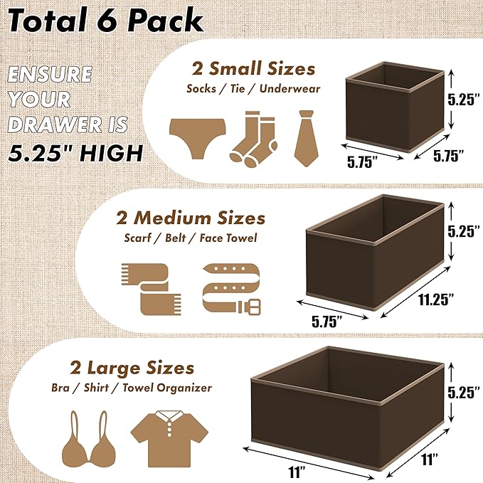 Simple Houseware Underwear Drawer Organizer for Lingerie/Undergarment/Bra/Panty/Sock/Onesie, Set of 6, Brown