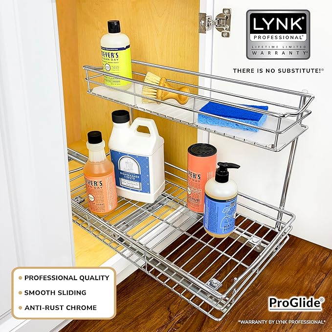 LYNK PROFESSIONAL® Pull Out Under Sink Kitchen Cabinet Organizer - 11.5 in. x 18 inch deep Drawer - Sliding Shelf Organizer for Cabinets and Undersink Storage Shelves - Lifetime Ltd. Warranty – Chrome
