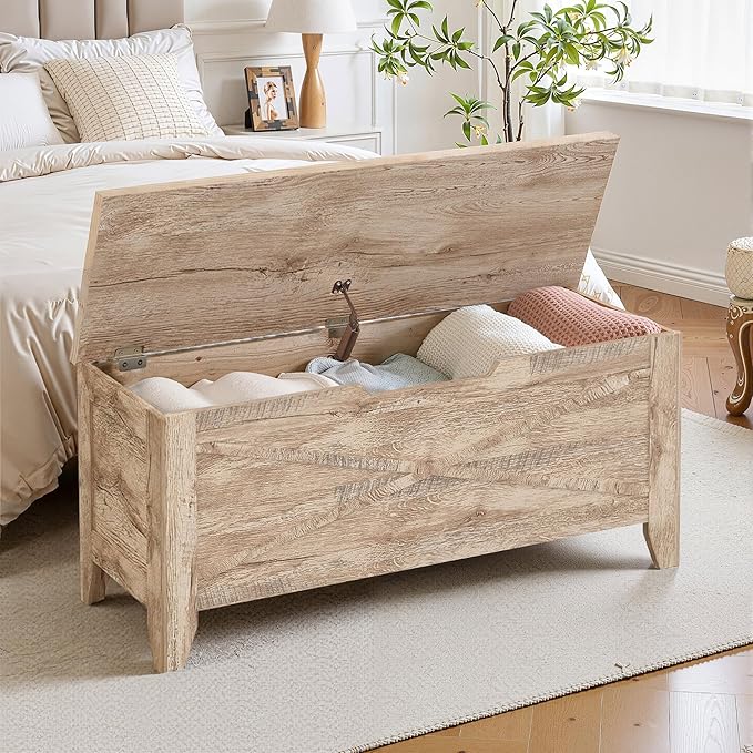 VECELO Storage Chest, 43.3in Wooden Bench for Storage with Safety Metal Hinges and Wicker Mat,Entryway Shoe Trunk Industrial Style for Bedroom Living Room,Burly Wood