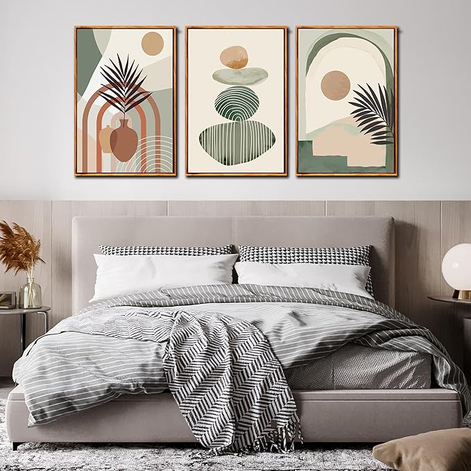ZHAOSHOP Boho Wall Art for Bedroom - 3 Piece Wall Art for Living Room - Large Minimalist Wall Art with Frame Ready to Hang Size 24" x 36"
