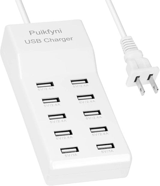 10-Port USB Charger Station, Smart Multiple Charging Block/USB Power Strip for Multiple Devices,Mobile Phones and iPads,Smart Watches Tablets (White)
