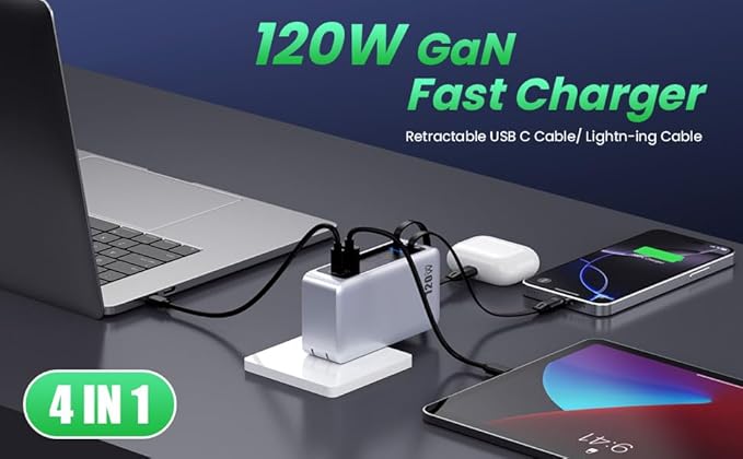 120W USB C Charger Block with 2 Built-in Retractable Cables,4-in-1 GaN IV Foldable Plug Wall Charger Fast Charging Station,PD 65W Laptop Adapter for Macbook/iPad,iPhone 16/15/14,Galaxy S24,Android etc