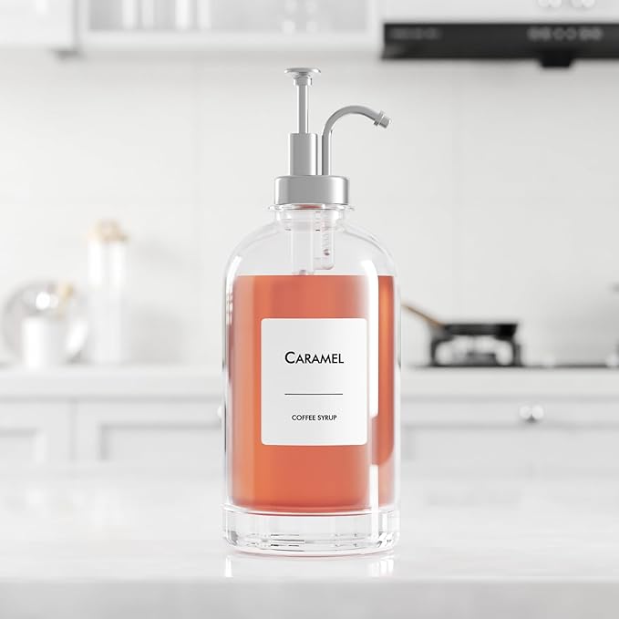 16.9 oz/500 ml Coffee Syrup Dispenser Set - 2 Glass Bottles with Silver Pumper and Syrup Labels - Precise Dispensing and Stylish Addition to Coffee Shop, Cafe or Home Bar