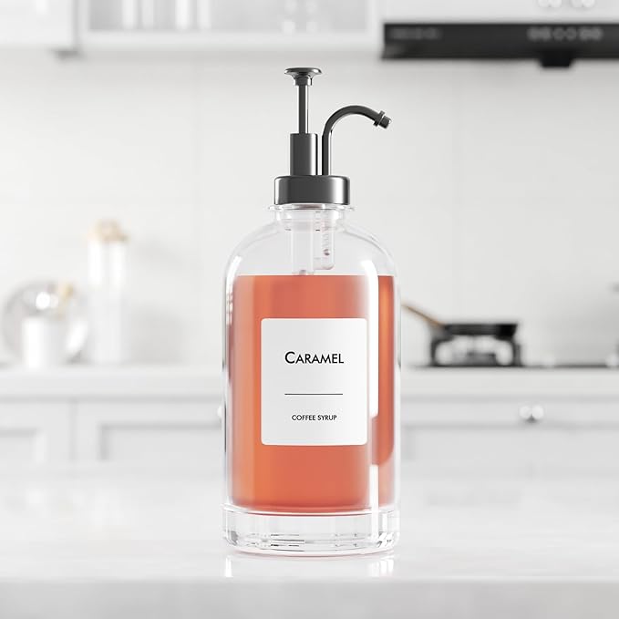 16.9 oz/500 ml Coffee Syrup Dispenser Set - 2 Glass Bottles with Black Pumper and Syrup Labels - Precise Dispensing and Stylish Addition to Coffee Shop, Cafe or Home Bar