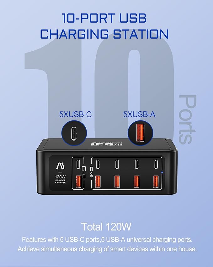 10-Ports USB C Charging Station, 120W Travel USB Power Strip with EU European Plug and US Plug, Multiport Charging Hub for iPhone 15/14/13/12, iPad Air/Pro, Galaxy -Black
