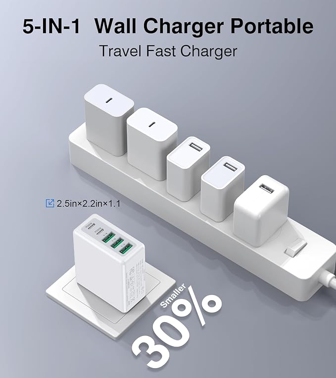 [2-Pack] 50W USB C Wall Charger Block,5-Port Type C Fast Charging Brick Cube Dual PD Power Adapter&QC Multiport Wall Plug Adapter for iPhone 16 15 Pro Max,AirPods 4,iPad,Samsung,Watch10,Ultra2