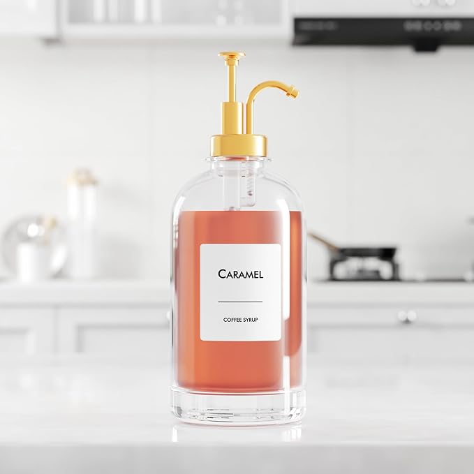 16.9 oz (500 ml) Coffee Syrup Dispenser Set - 2 Glass Bottles with Gold Pumper and Syrup Labels - Precise Dispensing and Stylish Addition to Coffee Shop, Cafe or Home Bar