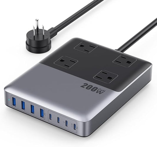 12-in-1 Charging Station USB C Power Strip with 5ft Cord and Plug,200W GaN IV USB C Charger Block,4 AC Outlets,4 USB-A,4 USB-C for MacBook,iPhone 16/15/14,Fast Charging Desktop Charger for Office,Home