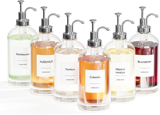 16.9 oz/500 ml Coffee Syrup Dispenser Set - 6 Glass Bottles with Silver Pumper and Syrup Labels - Precise Dispensing and Stylish Addition to Coffee Shop, Cafe or Home Bar