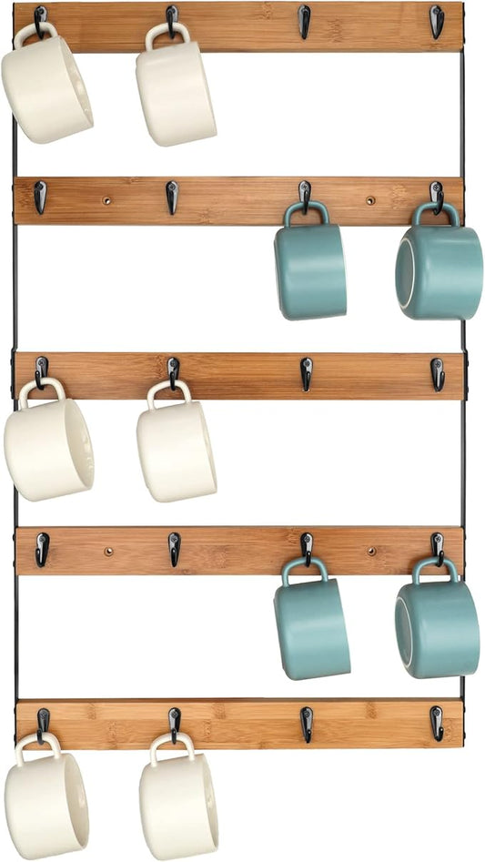Wall Mounted Coffee Mug Holder, Large 5 Tier Shelf with 20 Hooks for Cups, Rustic Wooden Display Rack for Kitchens, Homes and Bars (Bamboo) ﻿