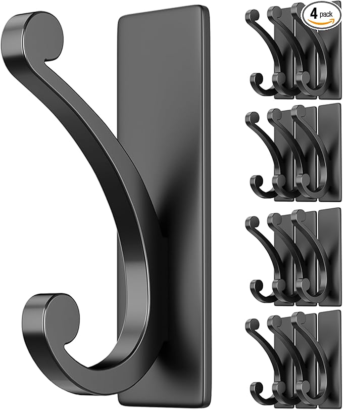 14-Pack Adhesive Wall Hook for Towel/Coat - Extra Sticky 10LB Stainless, Stick on Hanger for Bath or Shower, Matt Black