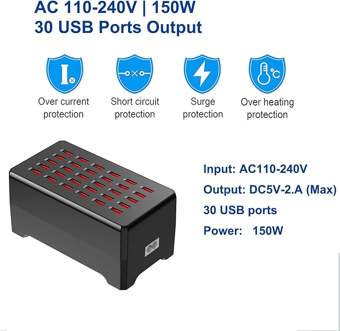 150W 30-Port Multi-Device USB Charging Station - Supports simultaneous Charging for Smartphones, Tablets, smartwatches and Other USB-Powered Devices.(30 Port Charger Station-Black)
